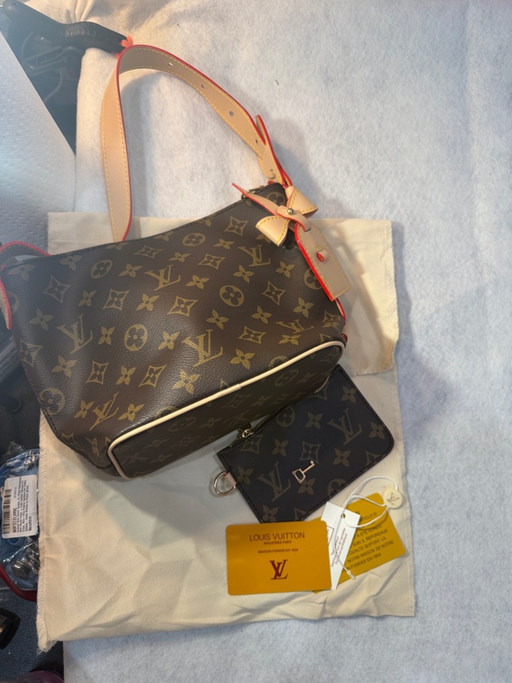 Lv  Brown Monogram Canvas with Red Trim and Beige Tag - Picture 6 of 6
